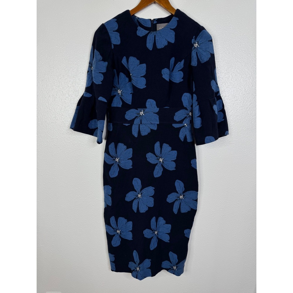 Lela Rose Navy Blue Floral Bell Sleeve Sheath Dress Size 2 Made‎ in USA